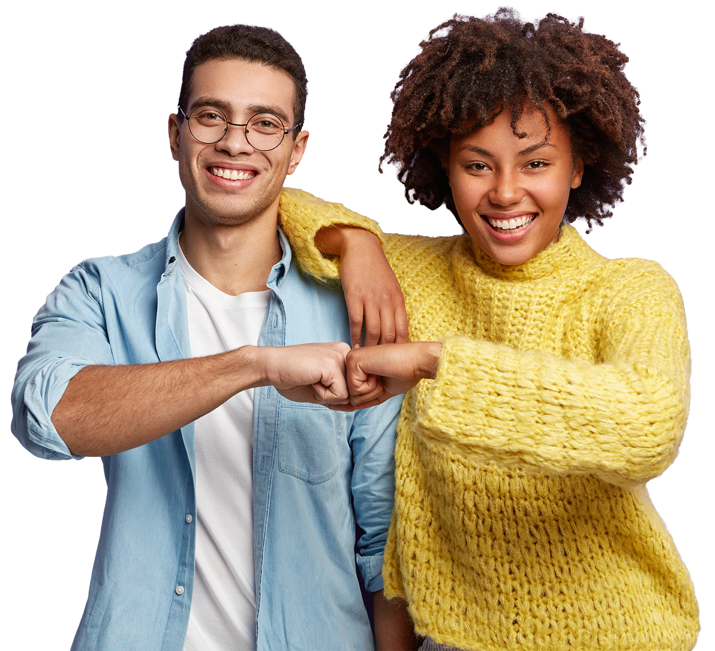 Two smiling people bumping fists. The tone is positive and friendly.